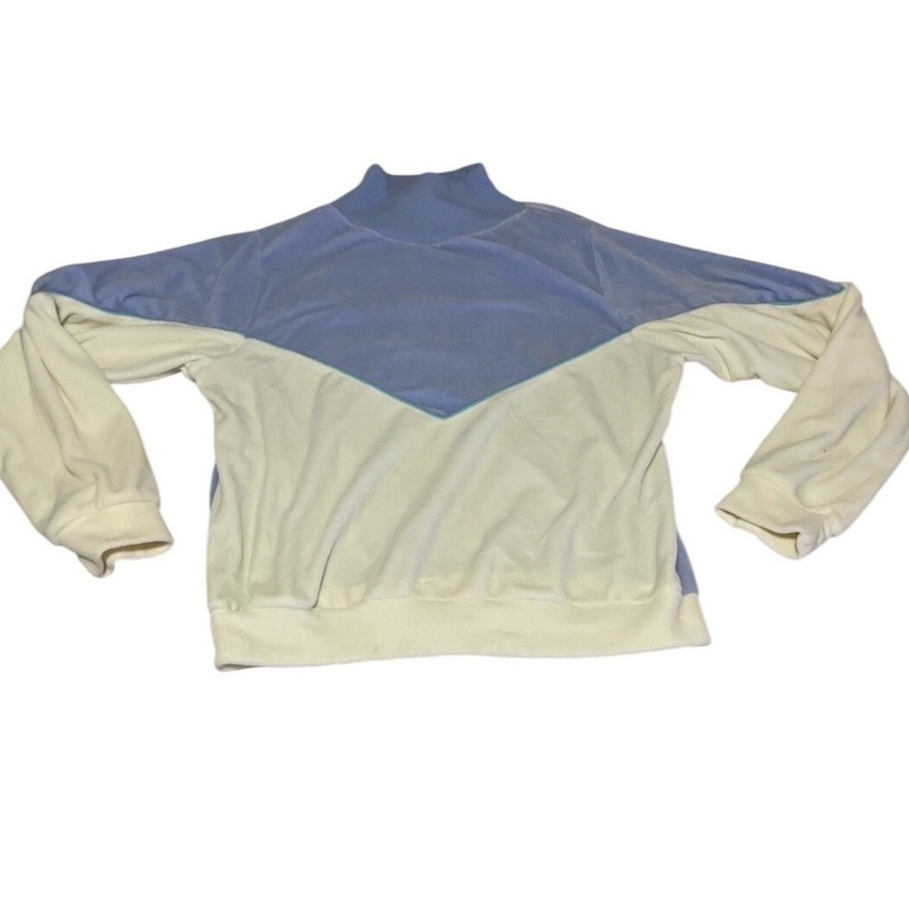 Vintage Goola Gong Womens M Blue White Velour Sweatshirt Chevron Mock Neck 308ST